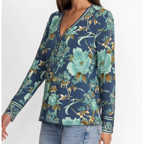 Johnny Was Janie Favorite Henley Peonee Long Blue Tee Floral Shirt Top Small NEW - Picture 4 of 10